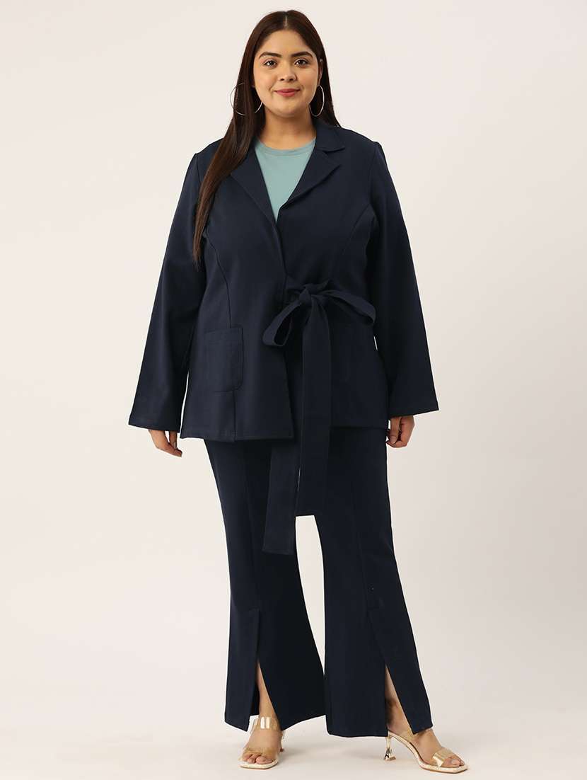 navy blue solid blazer and trousers co-ord set