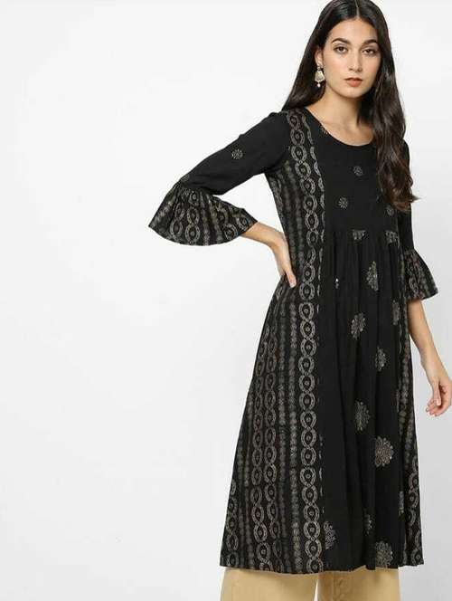black colored a-line kurta - 20307599 -  Standard Image - 0