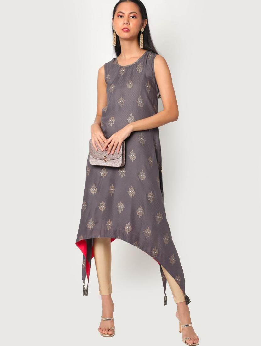 grey colored high low kurta - 20307695 - Zoom Image - 0