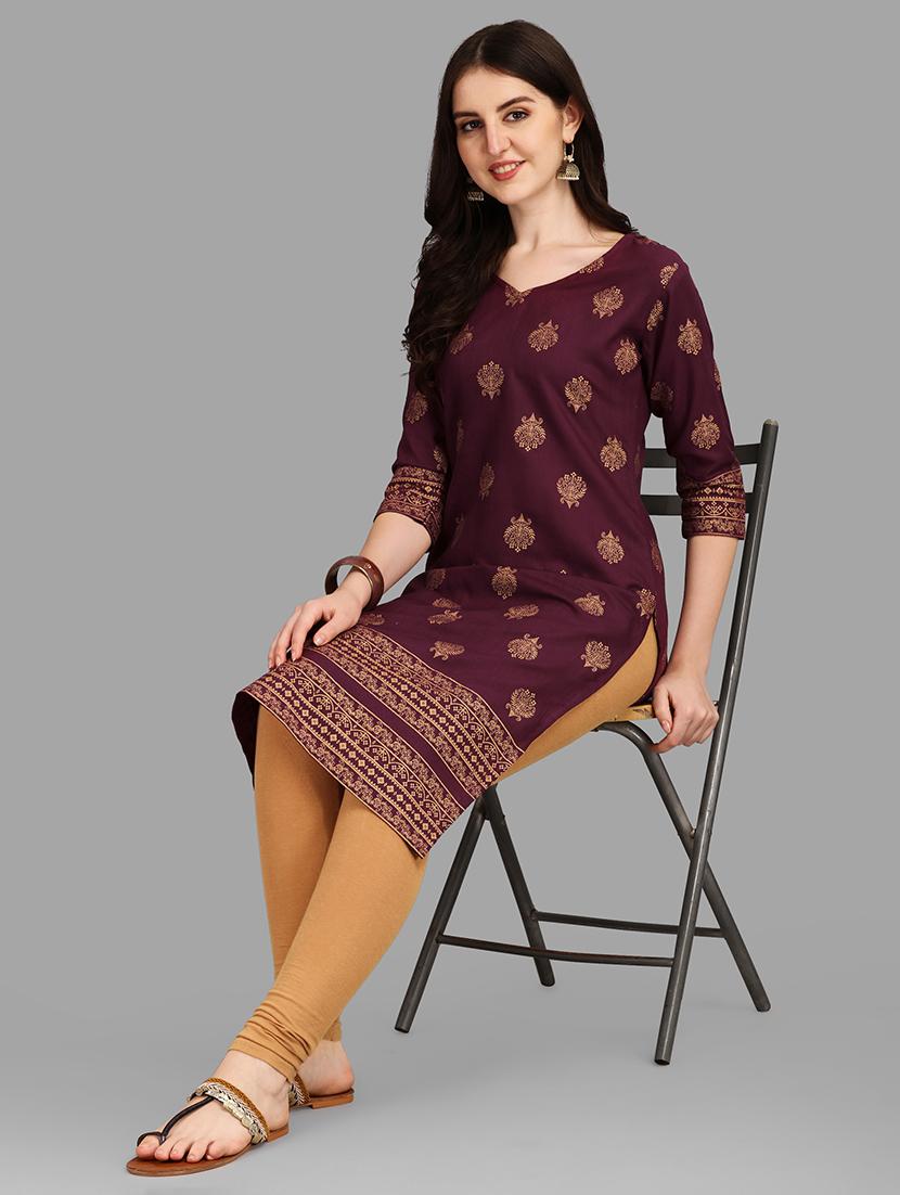 burgundy v neck straight kurta - 20308128 - Standard Image - 2