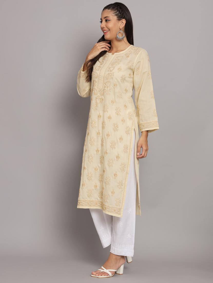 beige colored straight kurta - 20308624 - Standard Image - 2