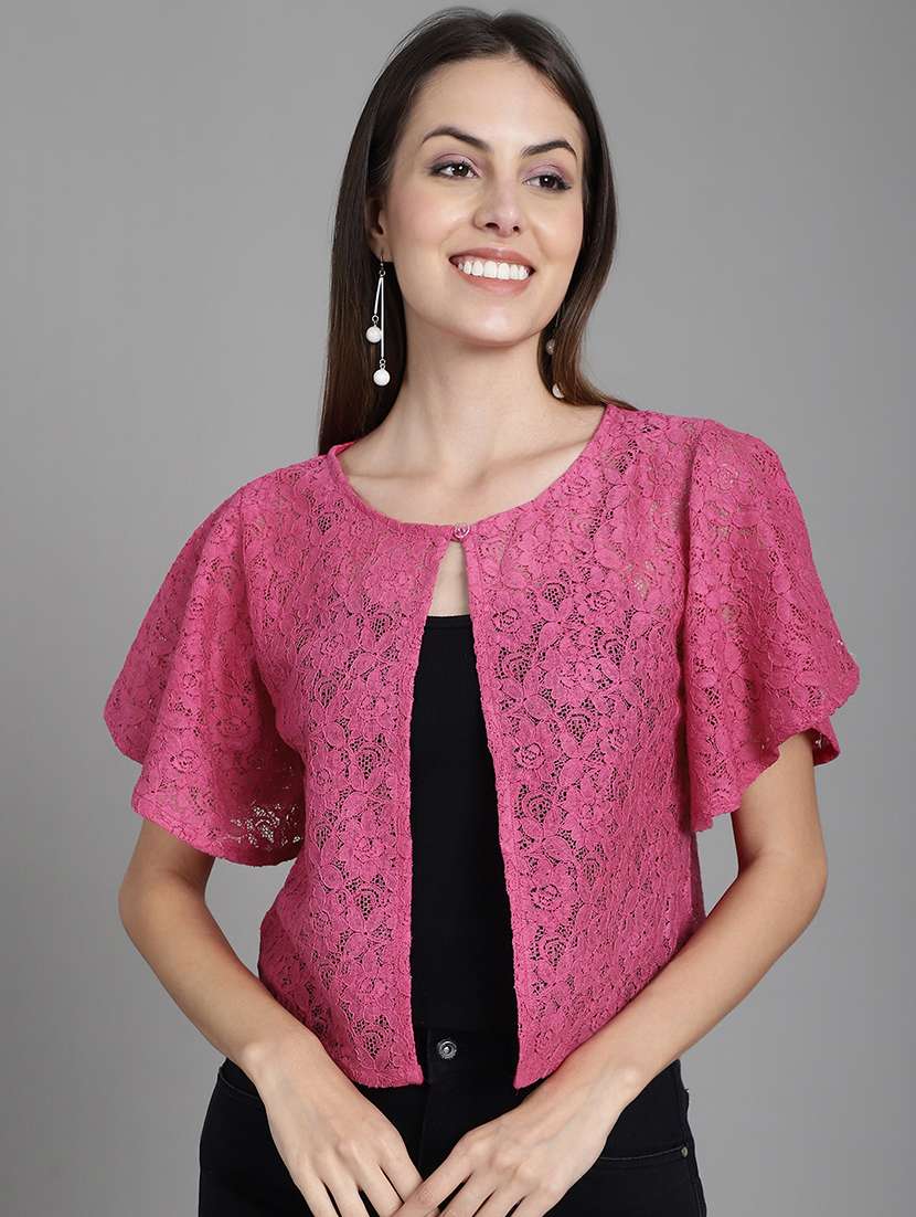 women pink lace shrug
