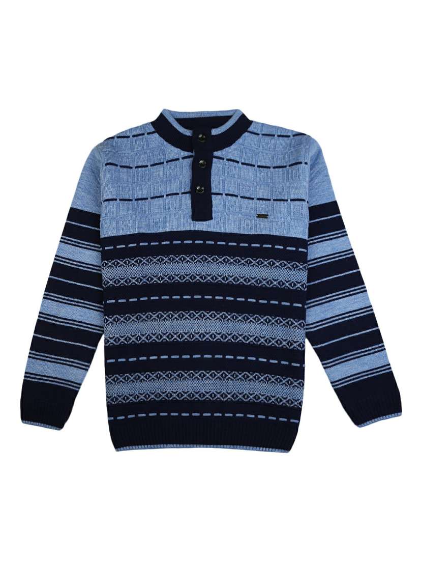 blue self design long sleeves sweaters