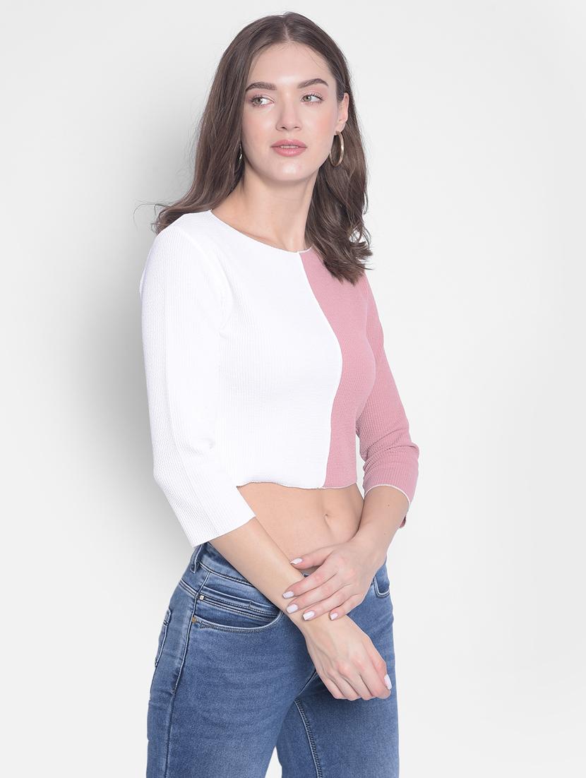 pink & white color blocked round neck crop top - 20311101 - Standard Image - 2