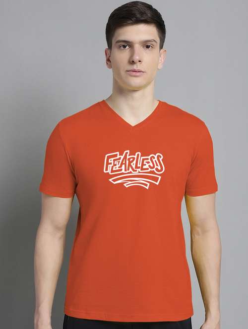 men orange cotton chest print t-shirt - 20312187 -  Standard Image - 0