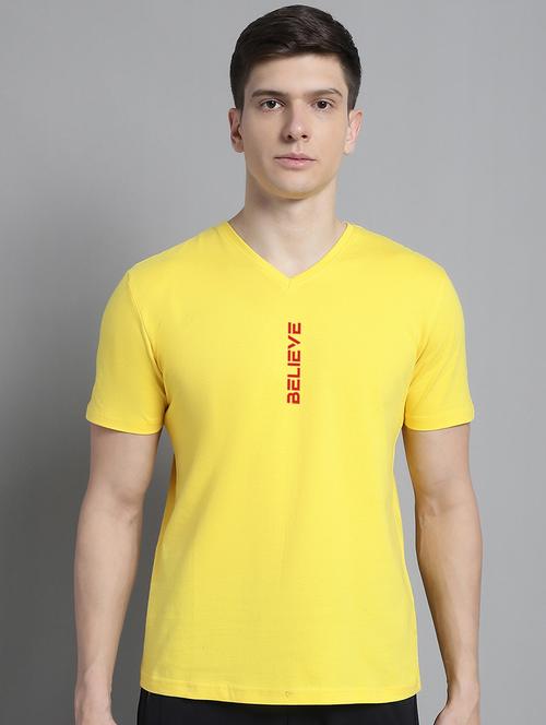 men yellow cotton chest print t-shirt - 20312207 - Standard Image - 0