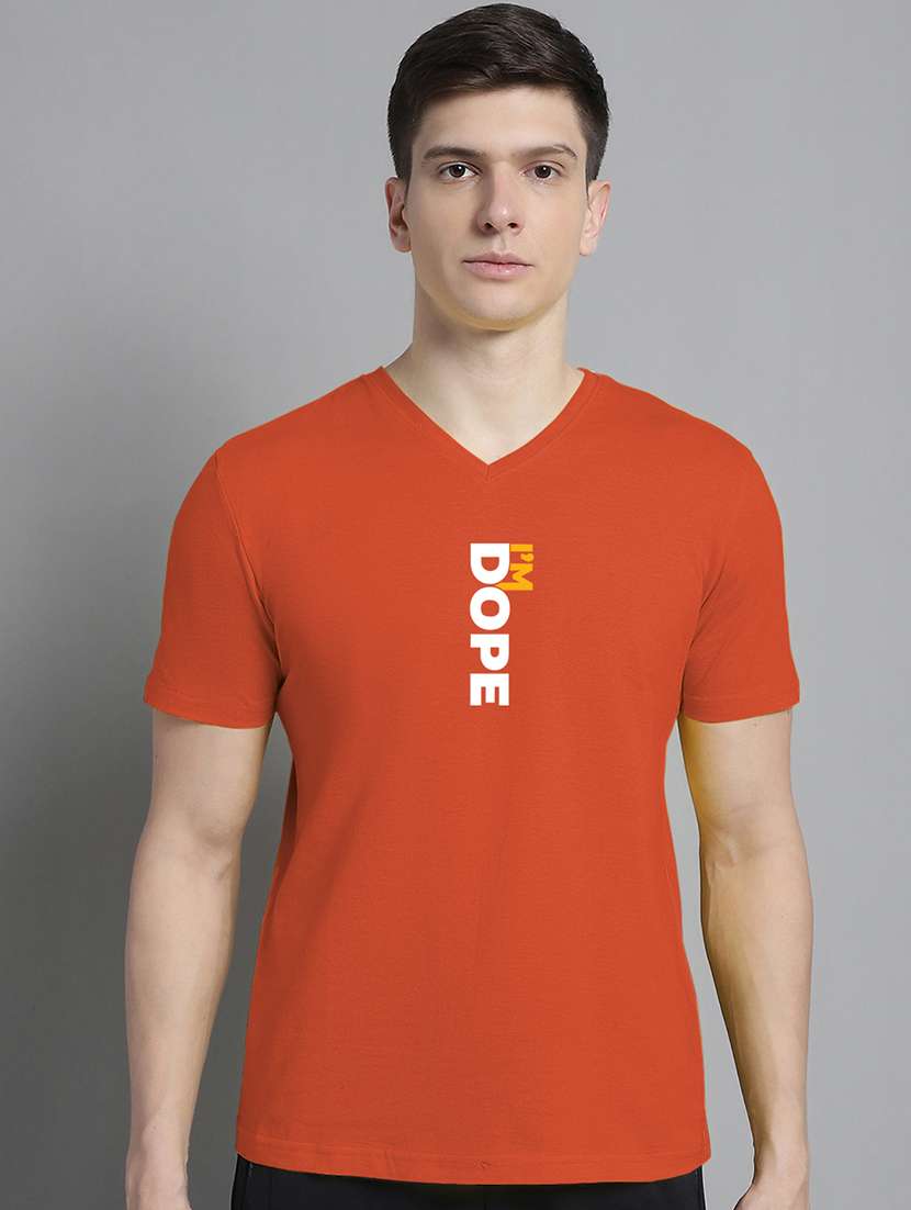 men typography print orange v-neck cotton t-shirt - 20312221 -  Zoom Image - 0