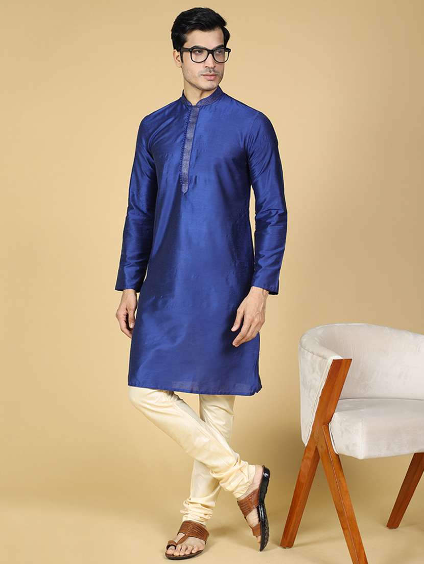 navy blue solid mandarin neck long kurta