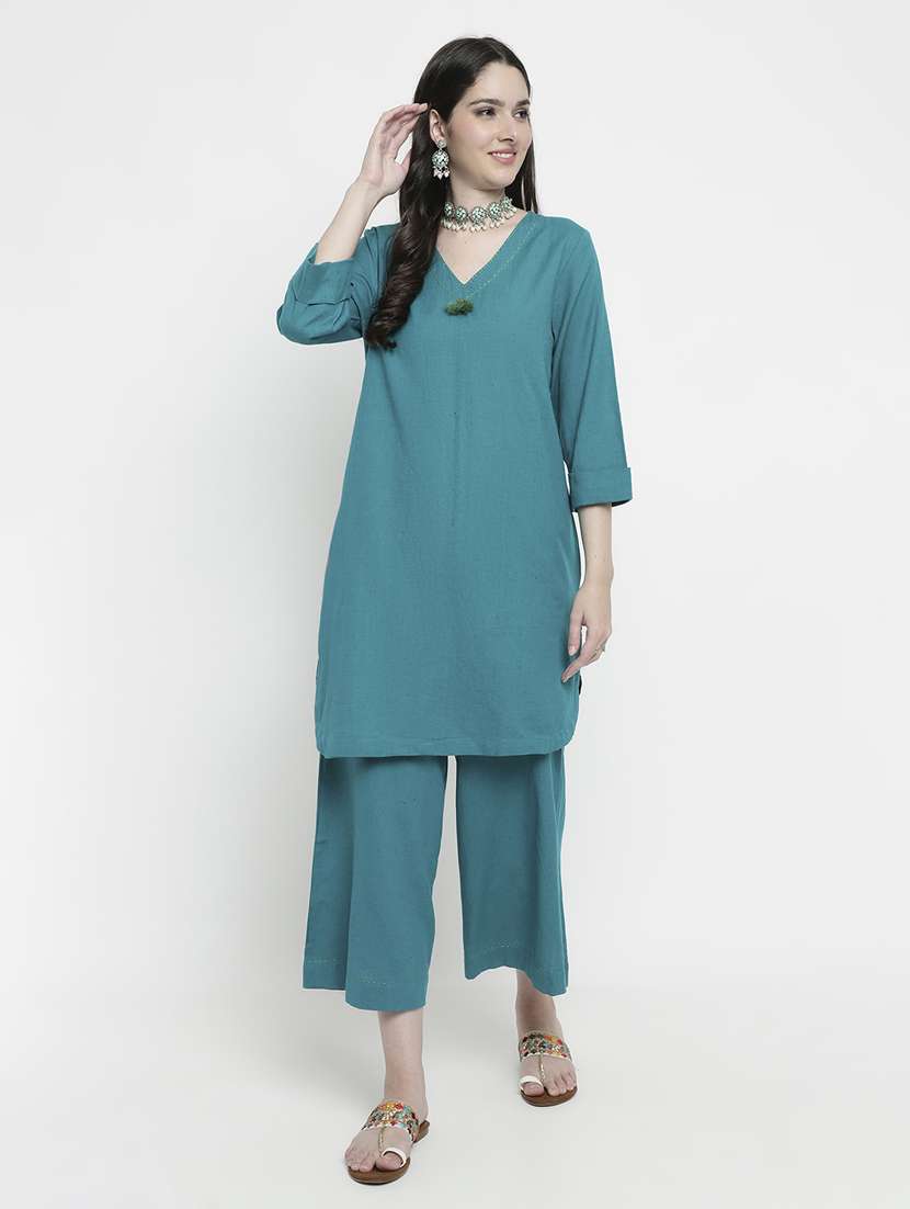 blue solid v-neck co-ord set