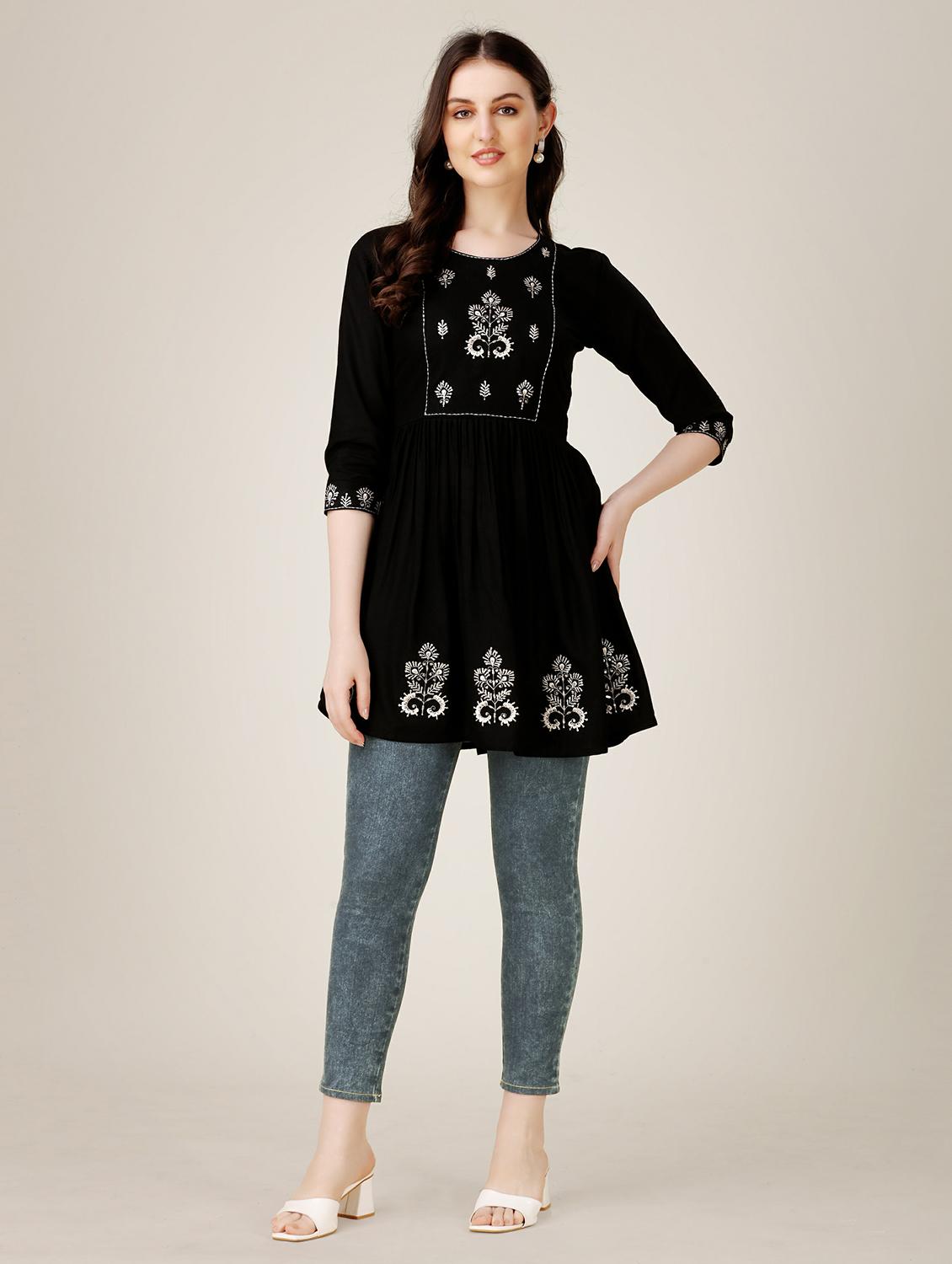 women black round neck a-line kurti - 20317890 - Standard Image - 2