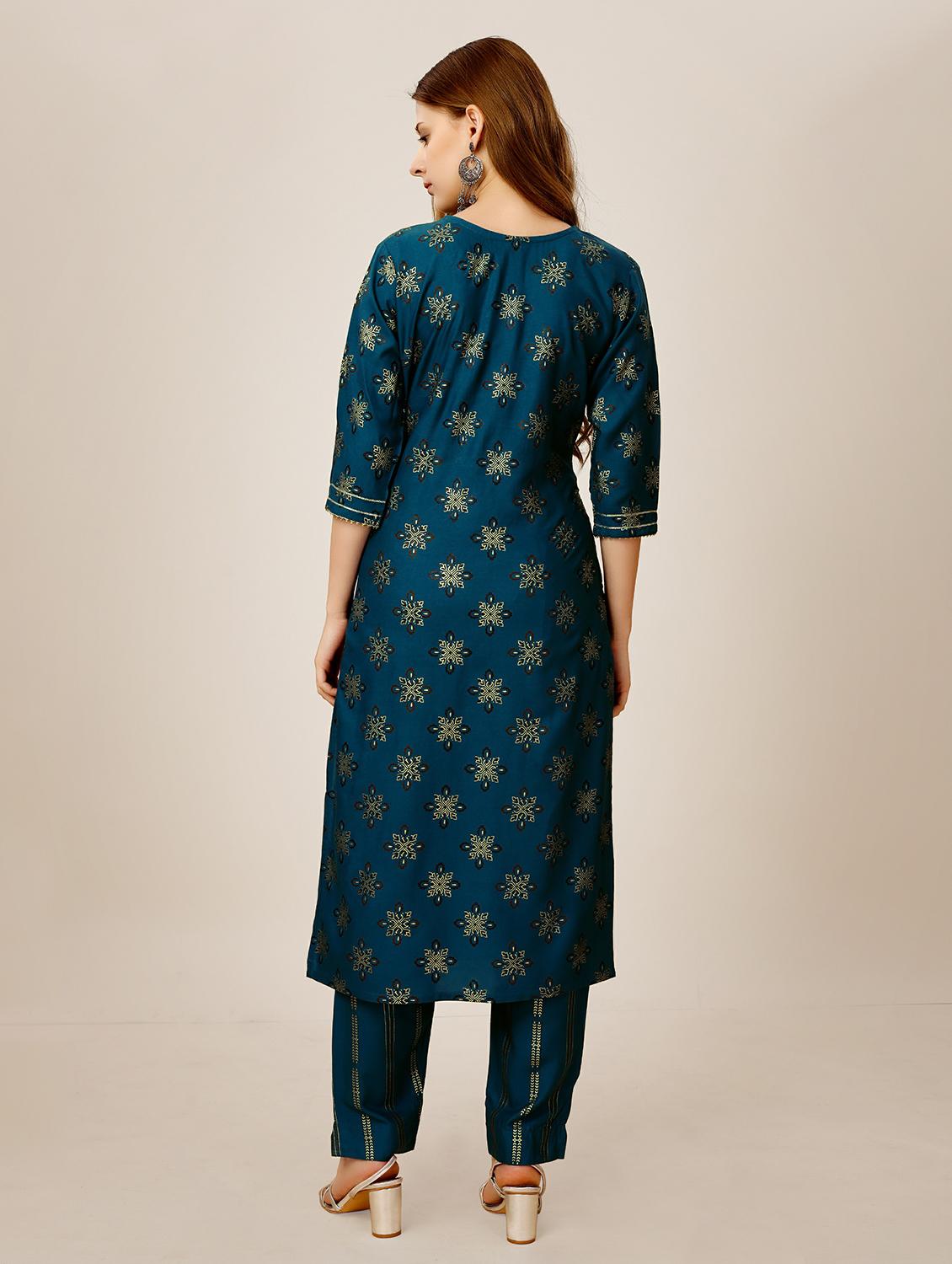 women blue round neck kurta pant set - 20317891 - Standard Image - 2