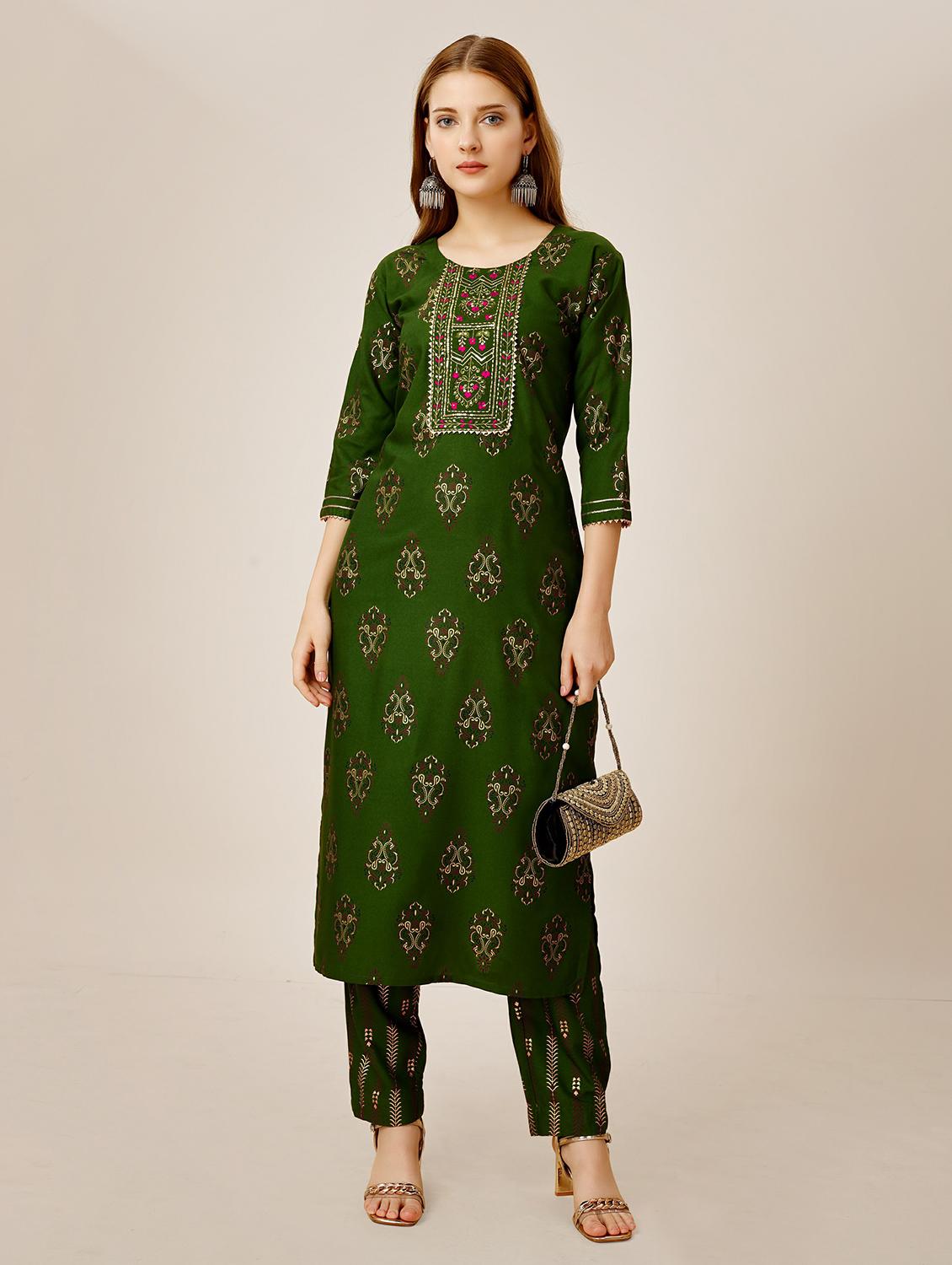 women green round neck kurta pant set - 20317892 - Standard Image - 2