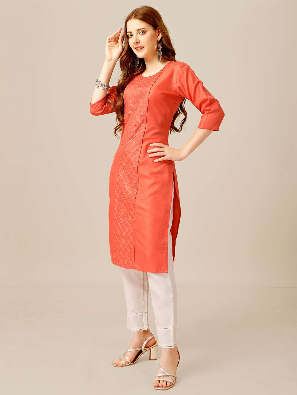 women orange round neck kurta pant set - 20317894 -  Standard Image - 2