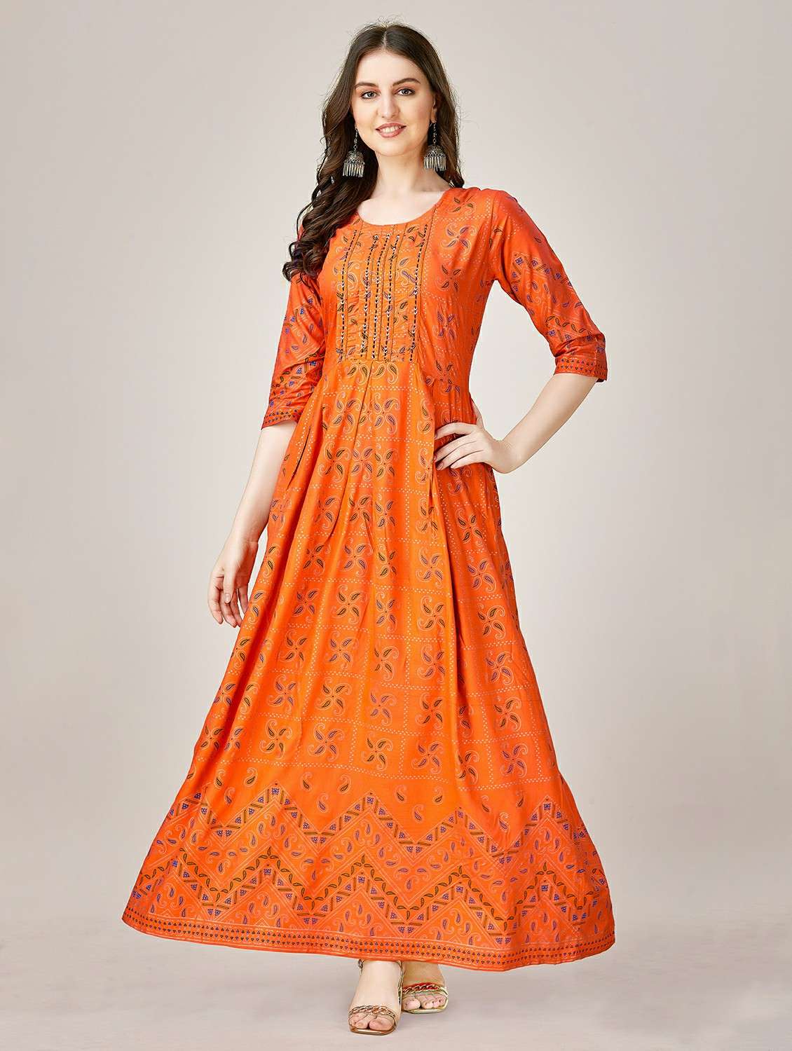 women orange round neck anarkali kurta