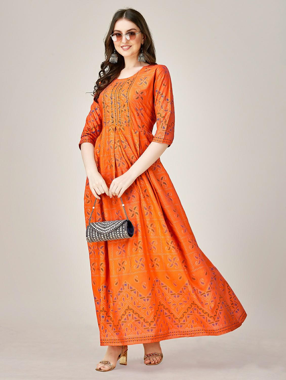 women orange round neck anarkali kurta - 20317937 - Standard Image - 2