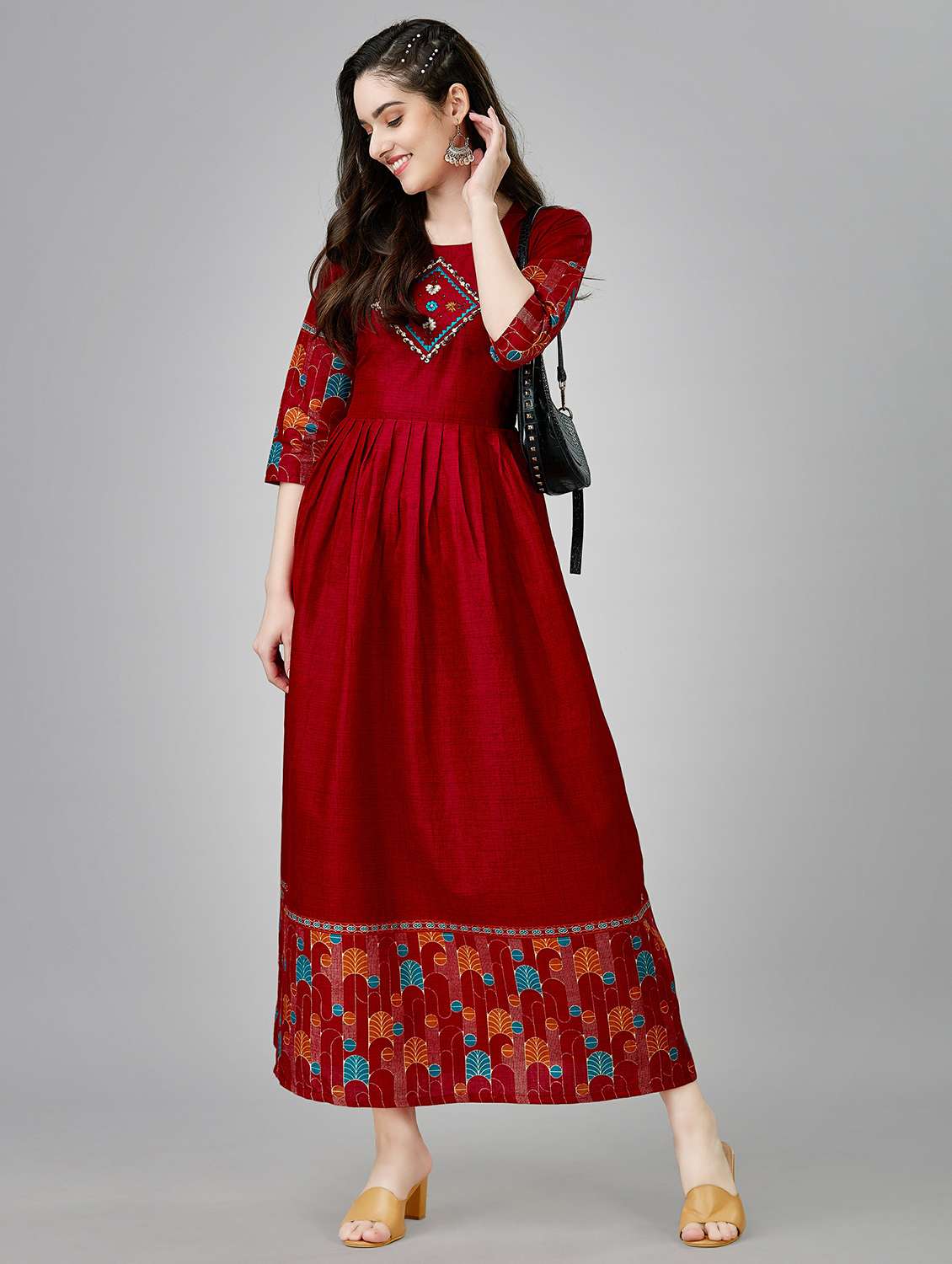women maroon solid round neck anarkali kurta - 20317949 -  Standard Image - 2