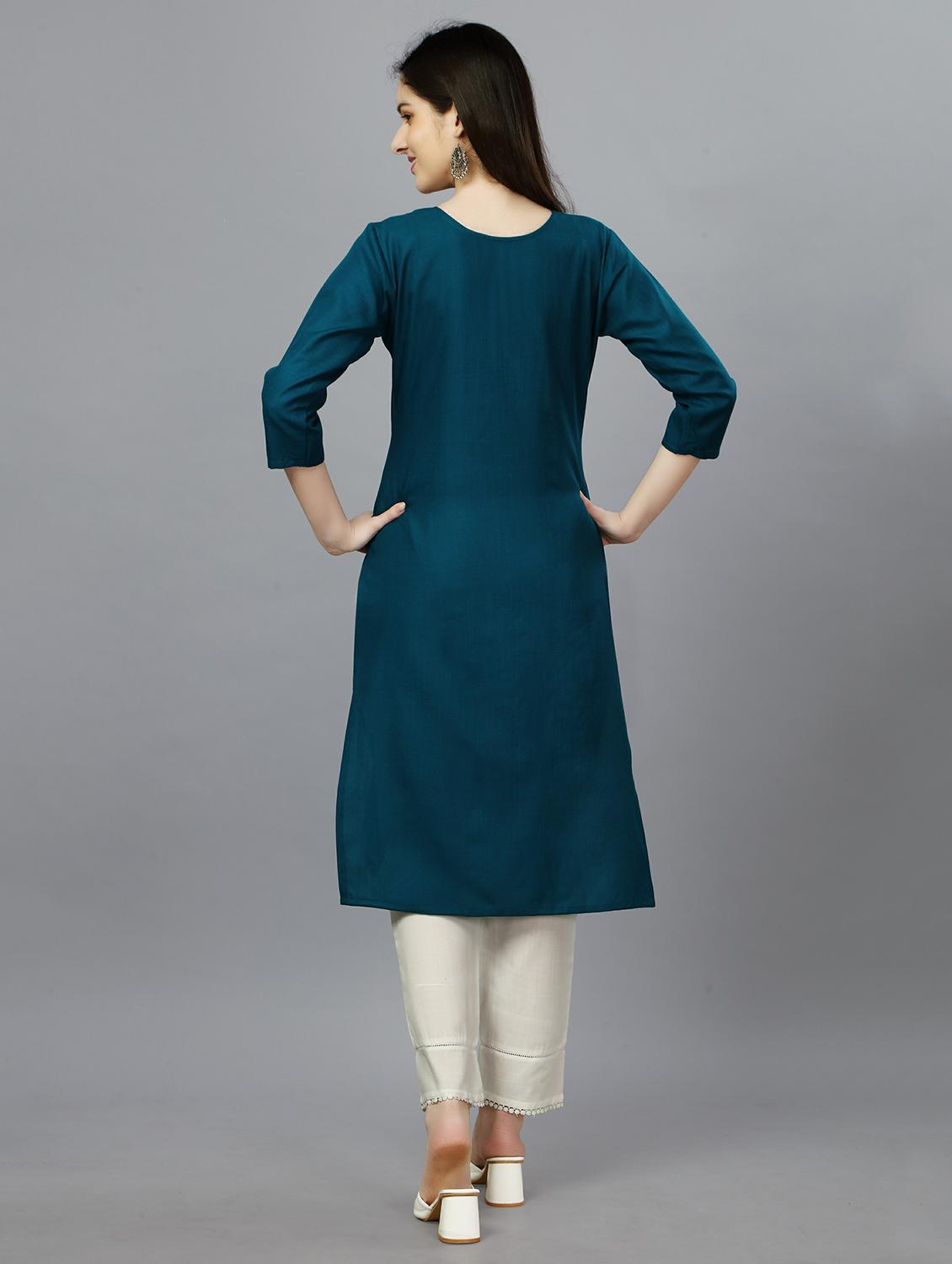 teal cotton straight kurta - 20317970 - Standard Image - 2