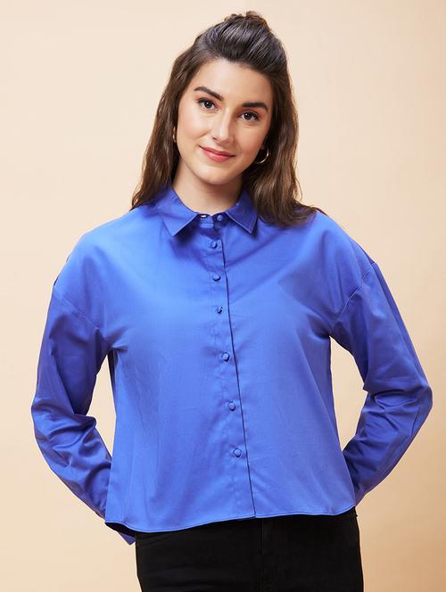 women blue cotton regular shirt - 20318637 -  Standard Image - 0