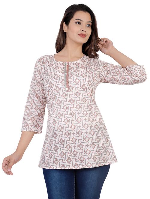white printed round neck a-line tunic - 20319328 - Standard Image - 0