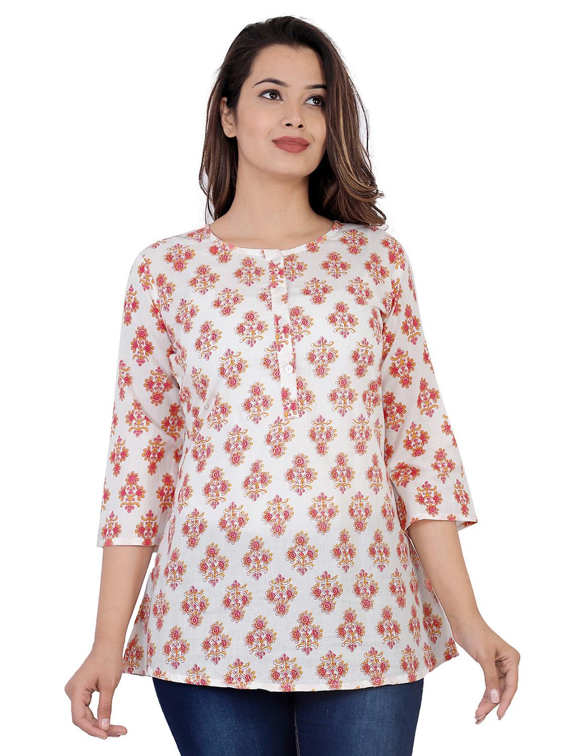 white floral print round neck a-line tunic - 20319329 -  Zoom Image - 0