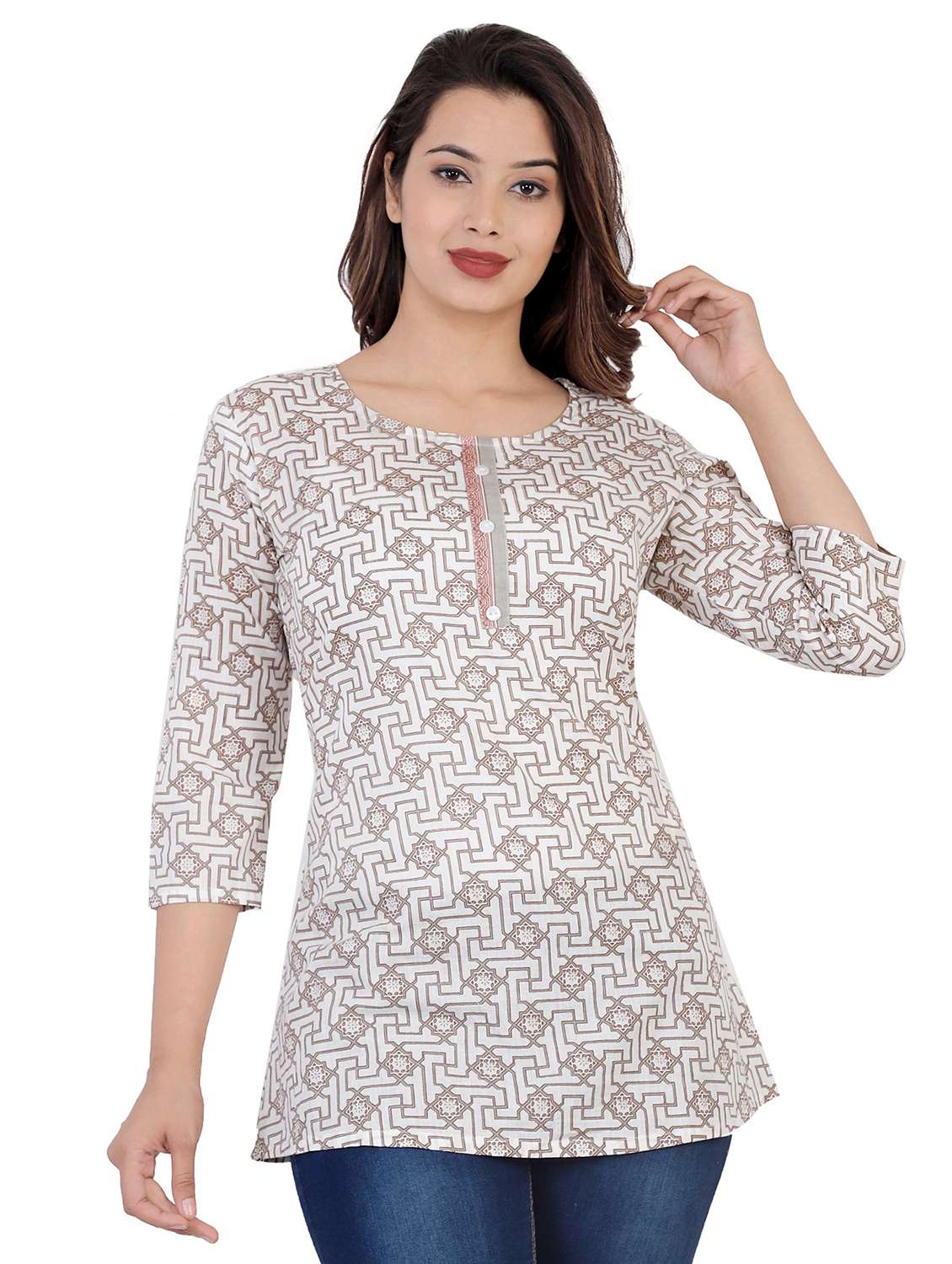 white printed round neck a-line tunic