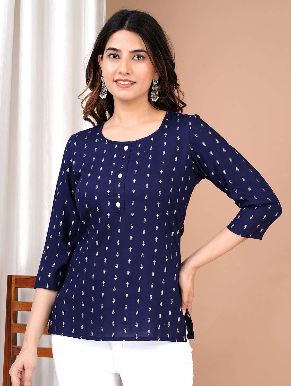 navy blue printed regular top