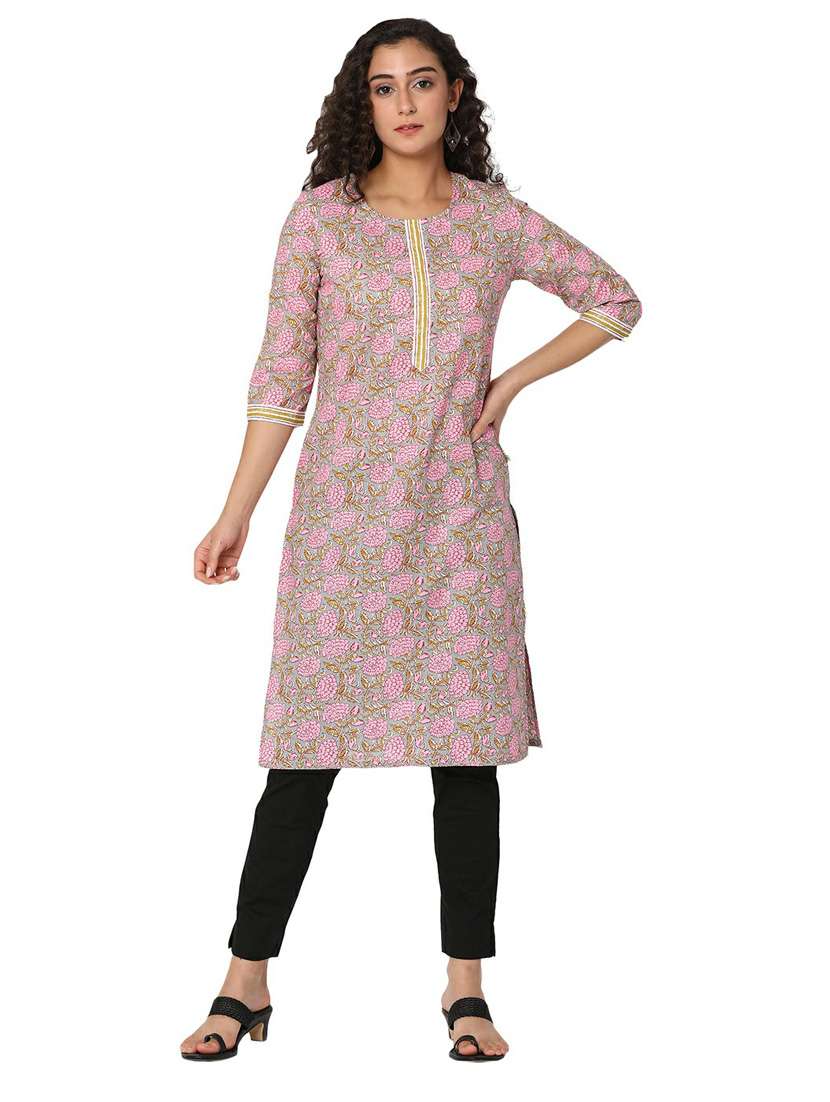 women pink florals printed straight kurta 