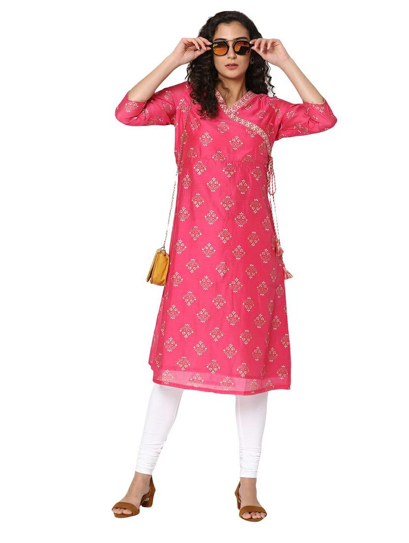 pink three quarter sleeve a-line kurta - 20319676 - Standard Image - 2