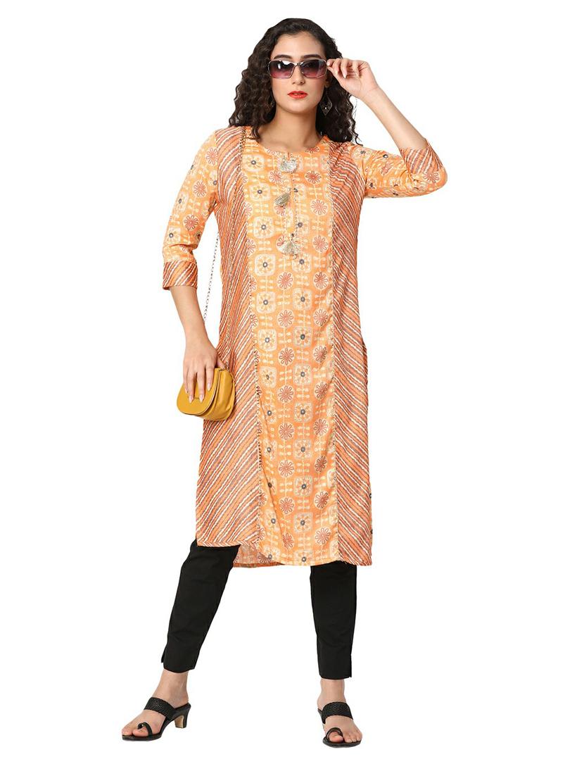 women orange round neck straight kurta - 20319700 - Standard Image - 2