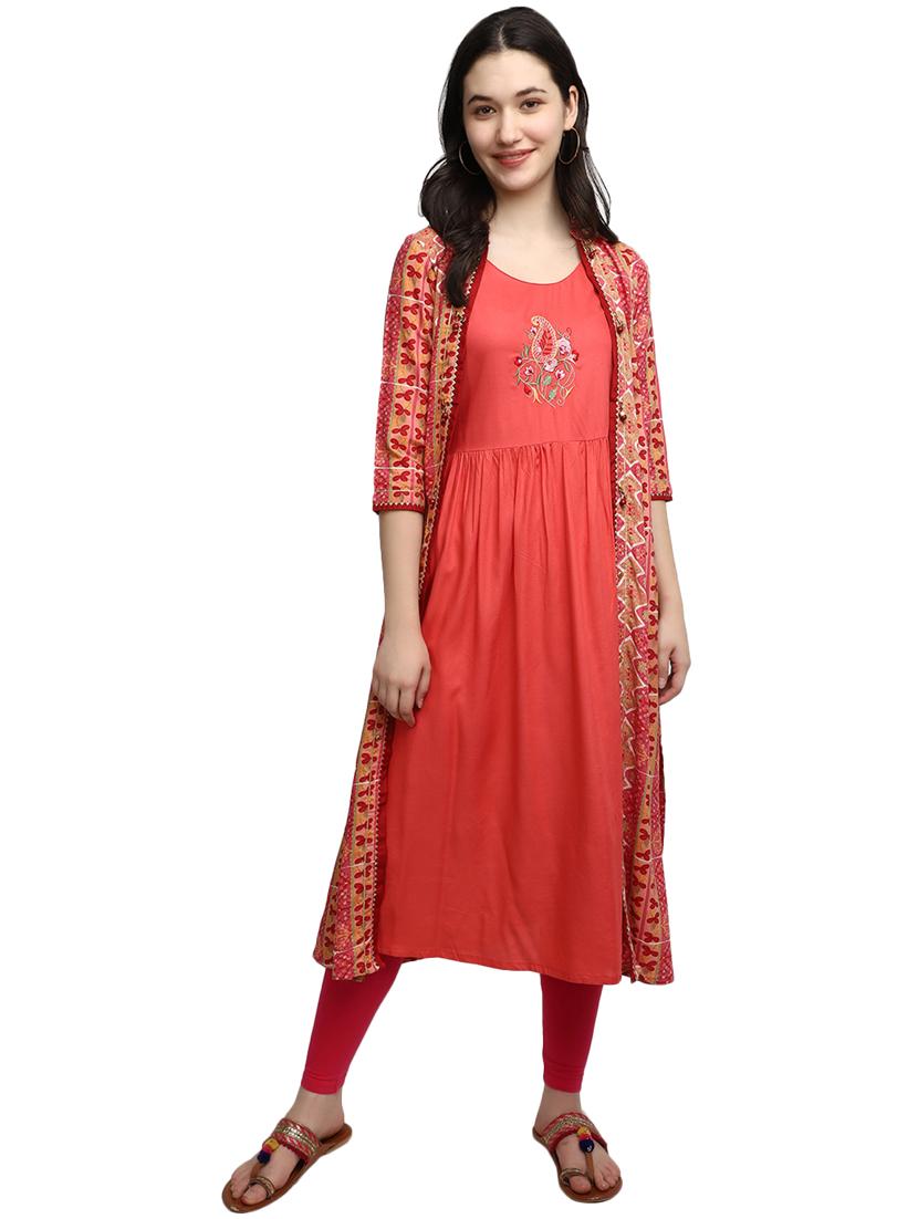 embroidered kurta with printed jacket - 20319708 - Standard Image - 2
