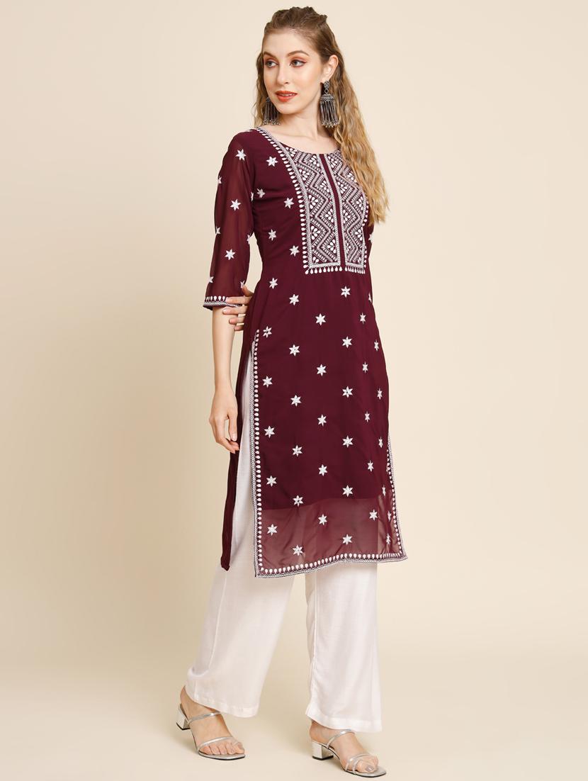 maroon colored straight kurta - 20320544 - Standard Image - 2