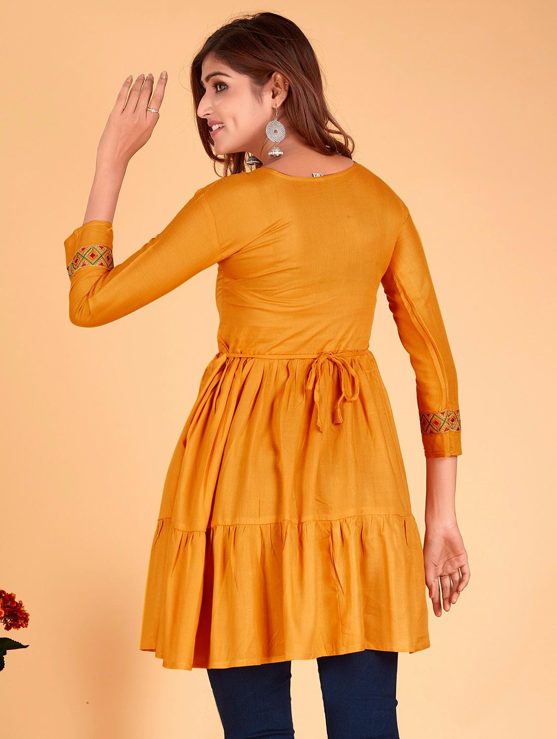 mustard solid with work flared tunic - 20321286 - Standard Image - 2