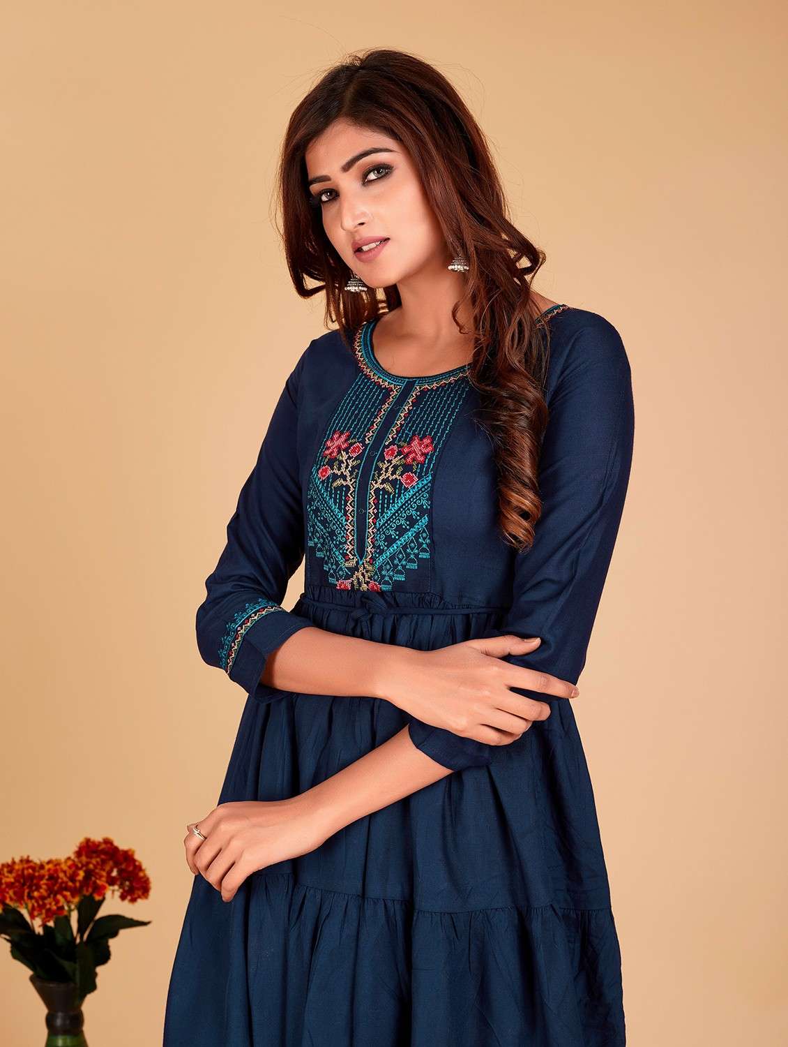 navy blue solid with work flared tunic - 20321288 - Standard Image - 2