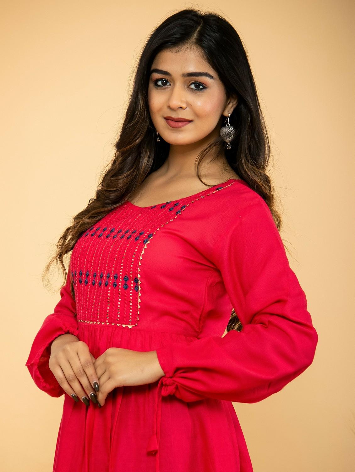 pink solid with work flared tunic - 20321289 - Standard Image - 2