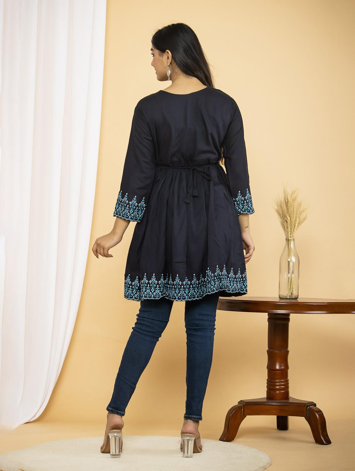 navy blue placement print flared tunic - 20321294 - Standard Image - 2