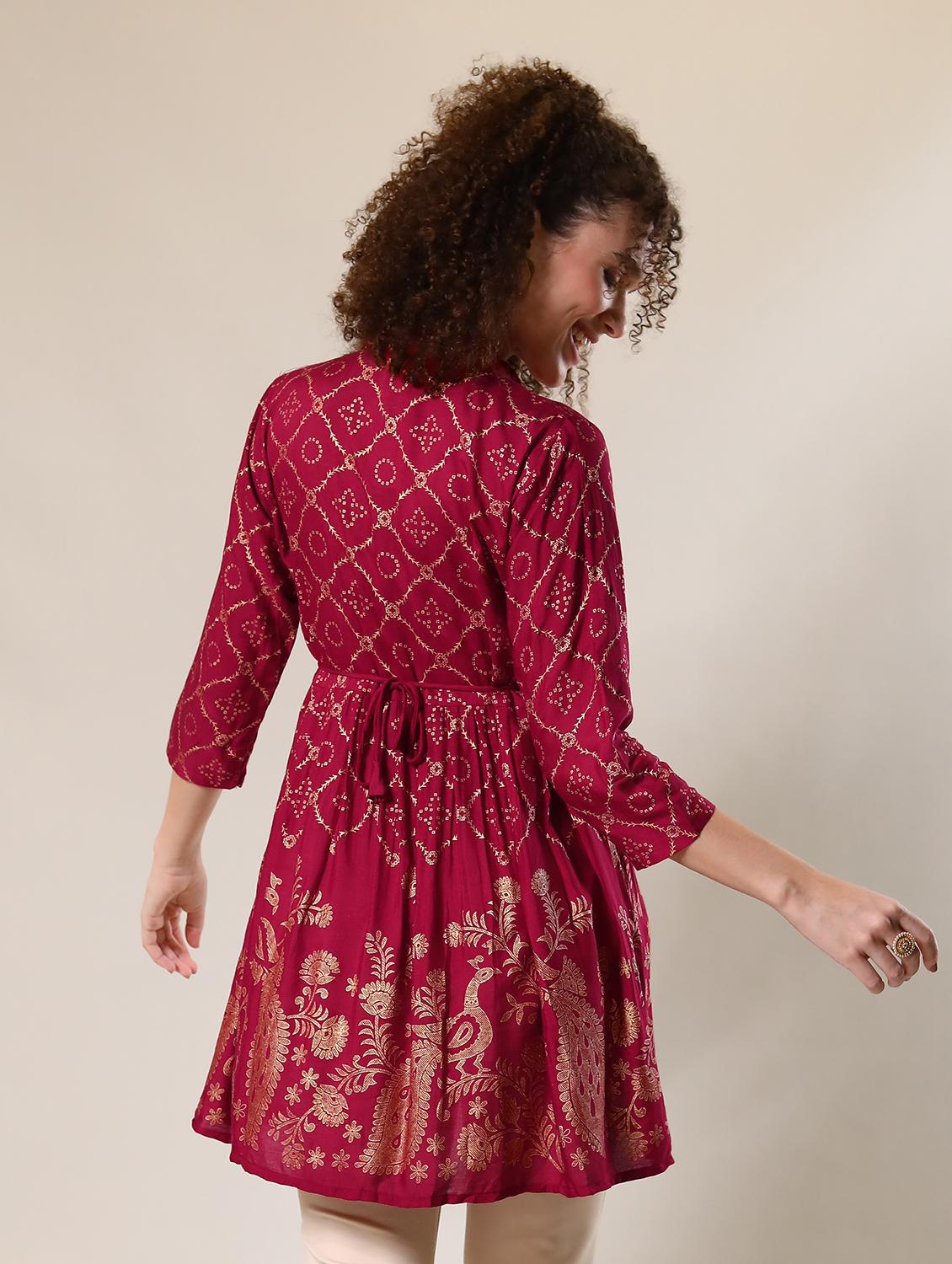 burgundy printed mandarin neck flared tunic - 20321296 - Standard Image - 2