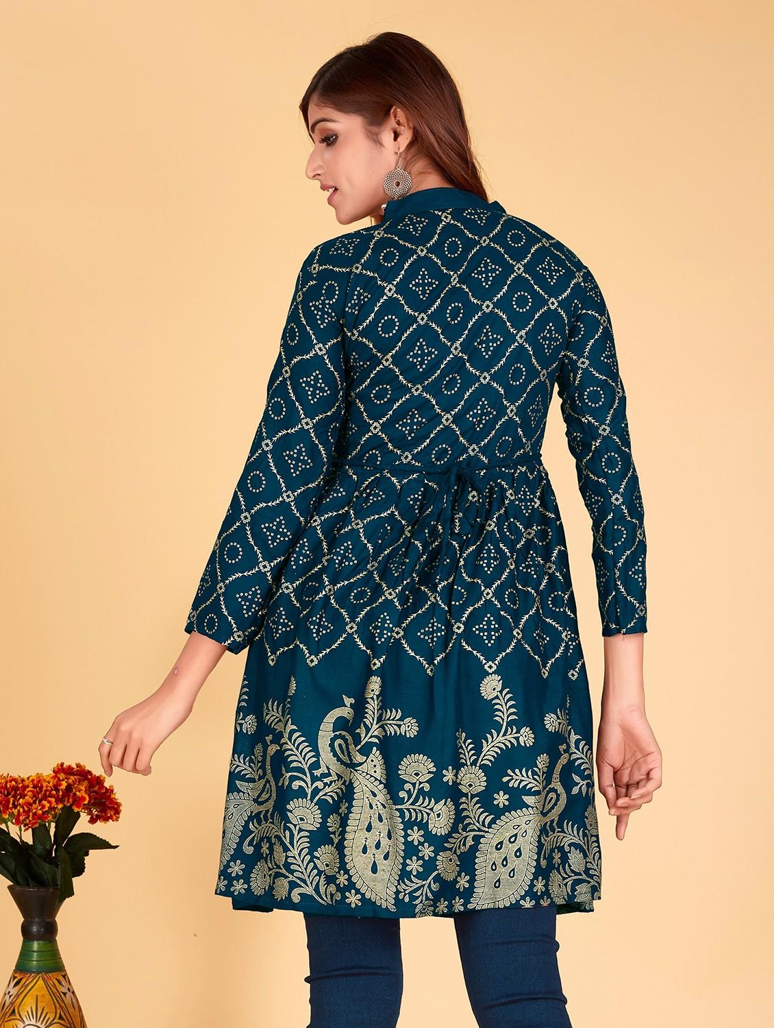 teal printed mandarin neck flared tunic - 20321298 - Standard Image - 2