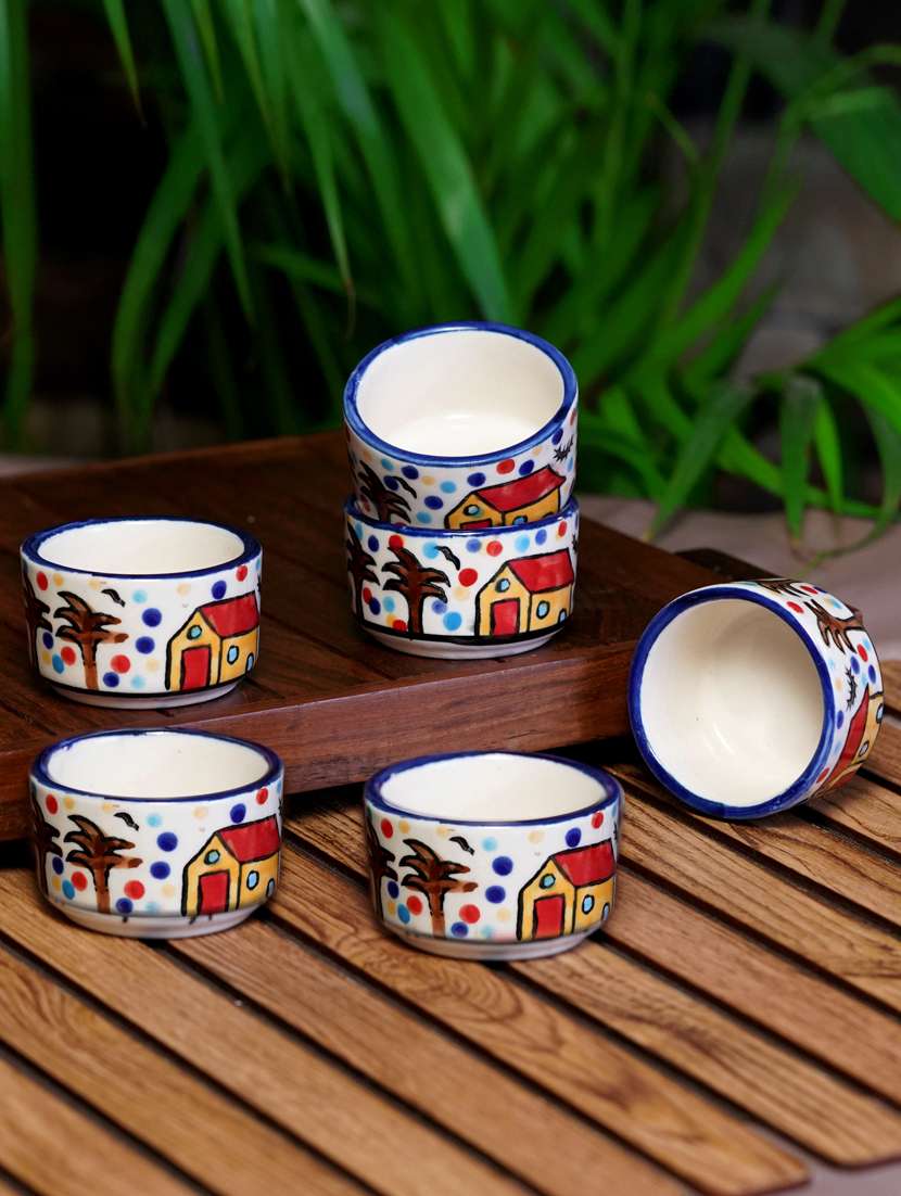 freakway hand-painted multicolored ceramic bowls set ceramic vegetable bowl  (multicolor, pack of 6) brown & white