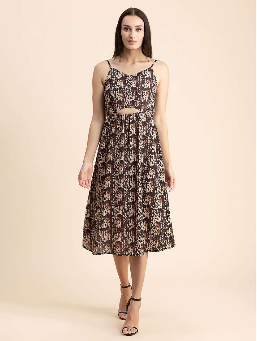 brown printed shoulder strap a-line dress