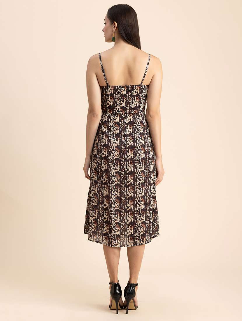 brown printed shoulder strap a-line dress - 20322897 -  Standard Image - 2