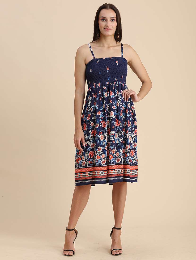 blue floral print shoulder strap a-line dress
