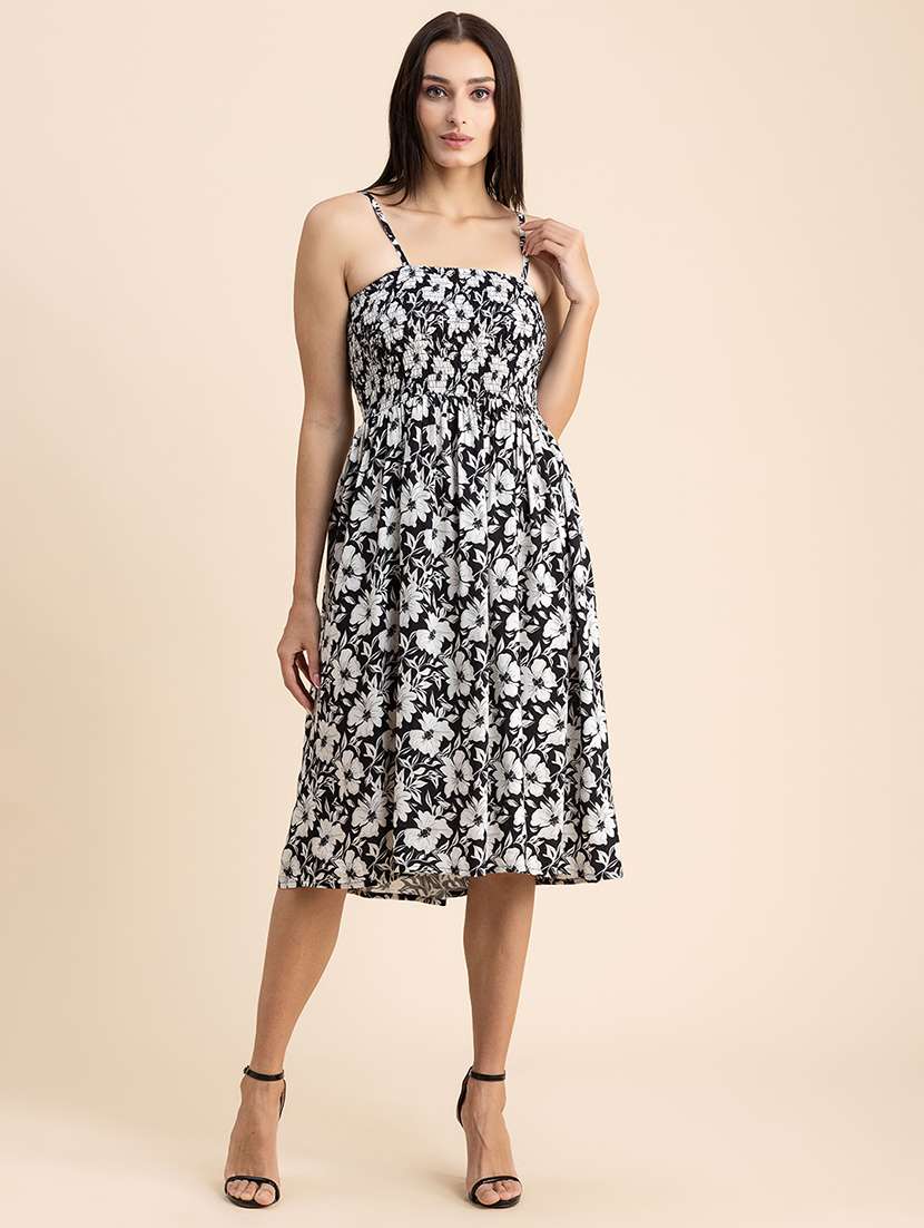 black floral print shoulder strap a-line dress