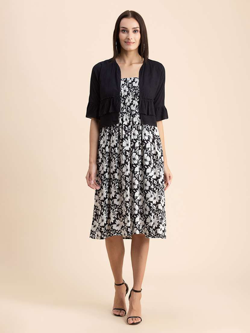 black floral fit & flare dress with shrug