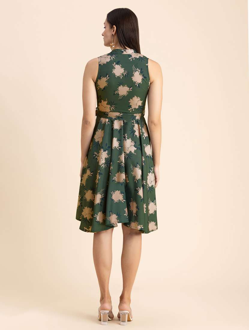 olive printed fit & flare dress - 20322958 -  Standard Image - 2