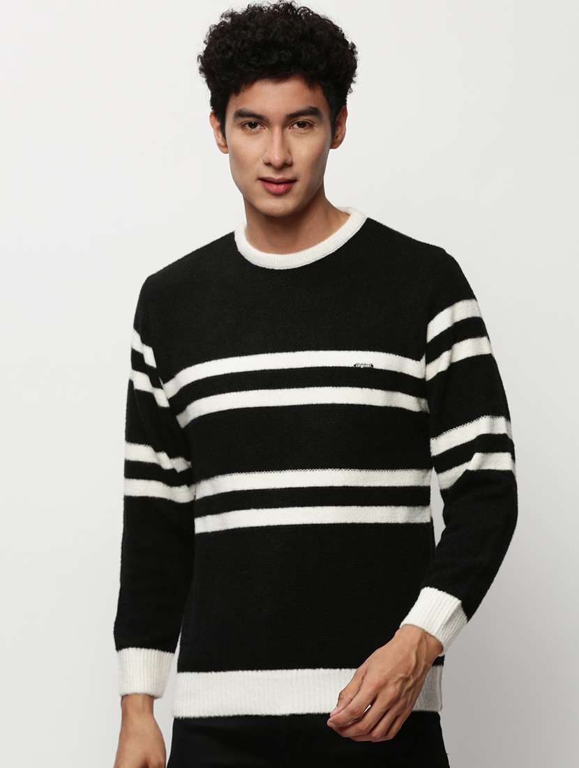 men black stripes crew neck acrylic pullover - 20322978 - Zoom Image - 0