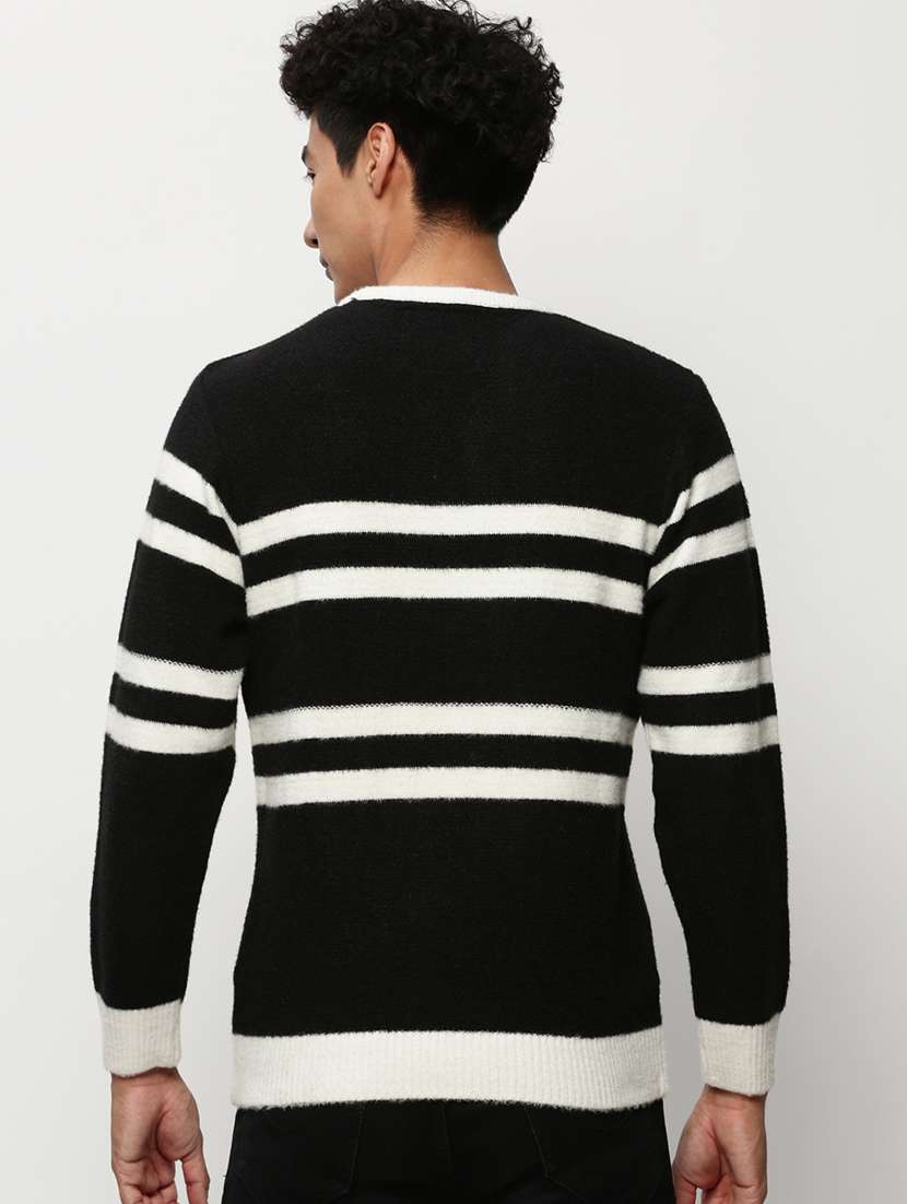 men black stripes crew neck acrylic pullover - 20322978 - Standard Image - 2