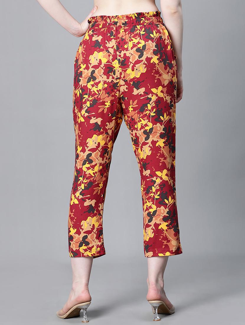 maroon floral printed flat front trouser - 20323066 - Standard Image - 2