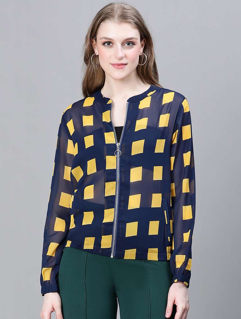 navy blue geometric print summer jacket 