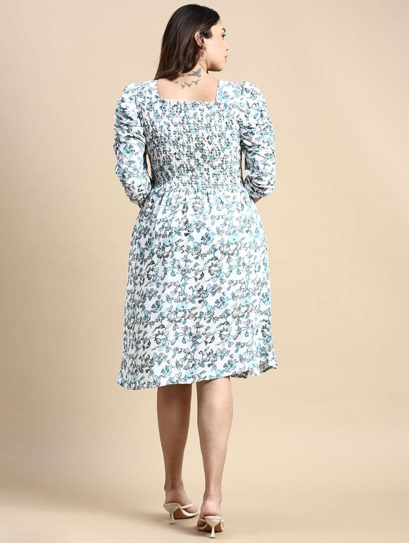 white printed puff sleeves fit & flare dress - 20325660 - Standard Image - 2