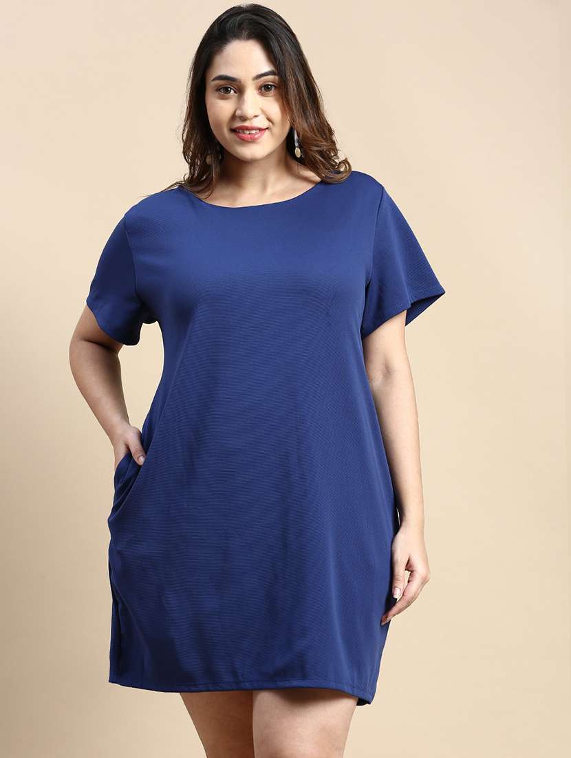 blue solid shift dress with pocket